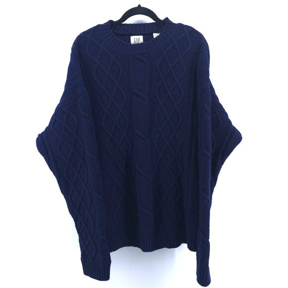 GAP Y2K Navy Shetland's Wool Cable Knit Pullover Sweater Crewneck Ribbed Hems L - Picture 1 of 13